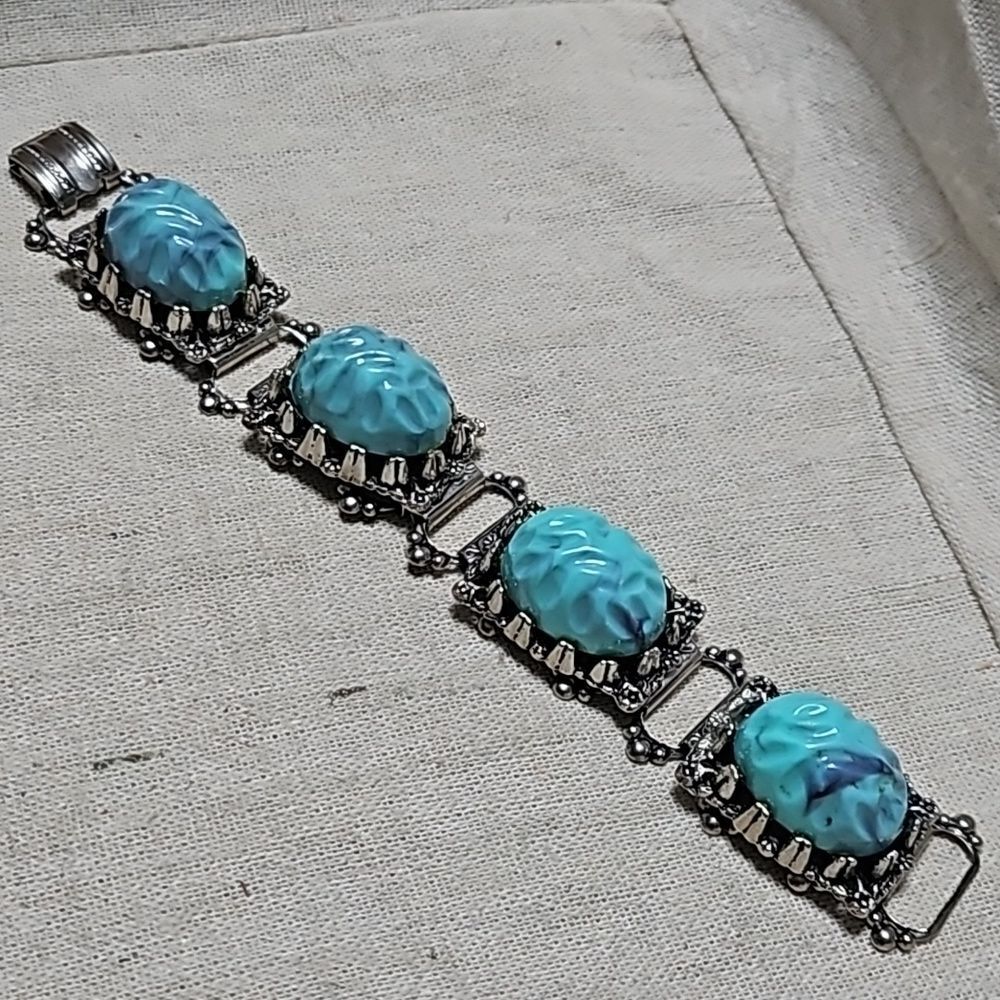 Vintage Wide Bracelet Faux Turquoise Lucite Cabochon Openwork Panels 7.5